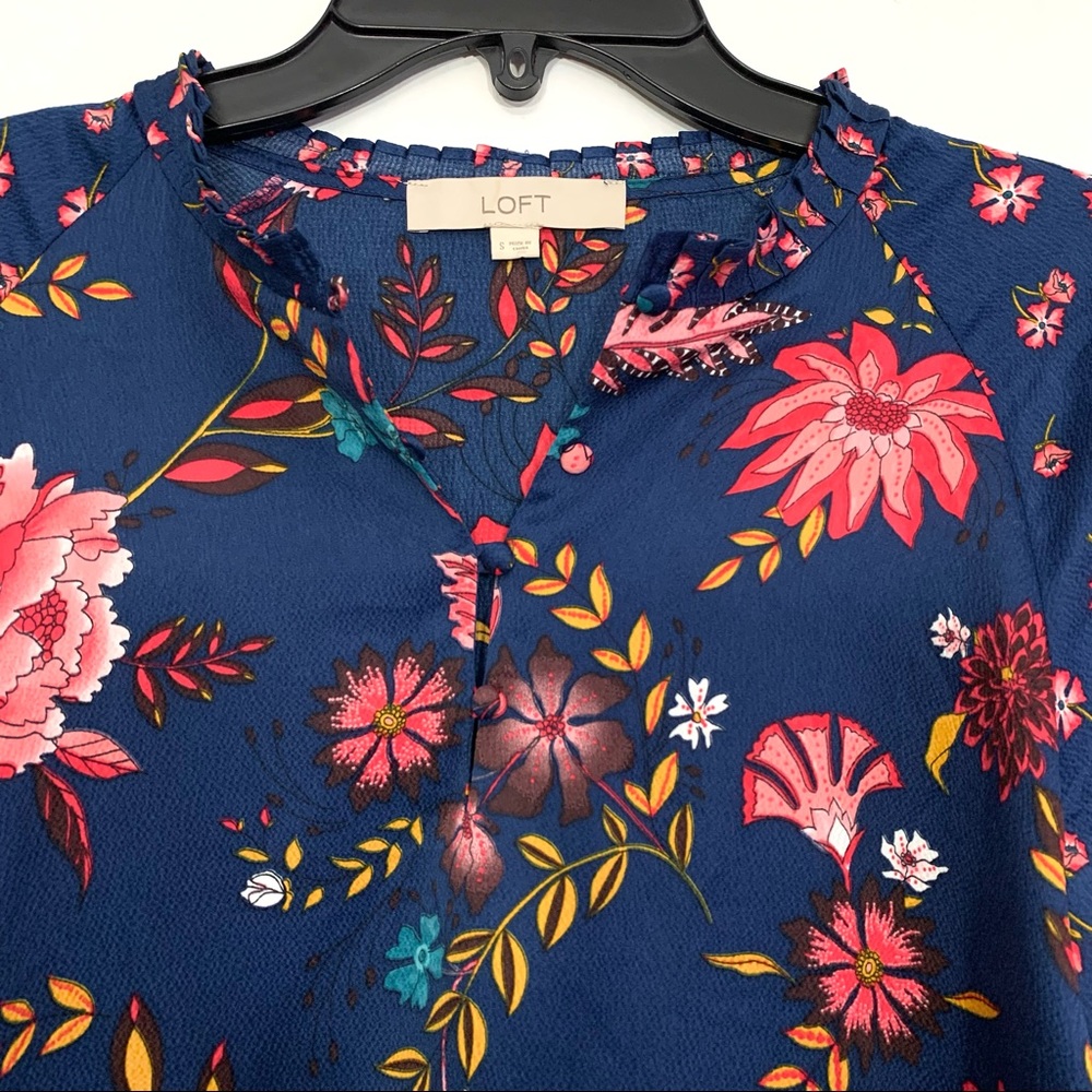 LOFT Women's Blue Pink Floral Mandarin Collar Long Sleeve Shift Dress - Picture 5 of 11